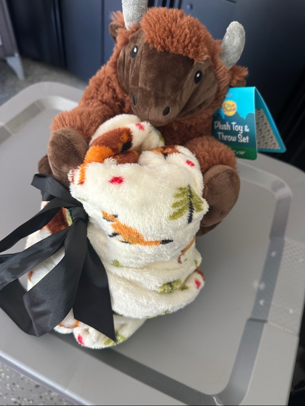 Brown Plush Highland Cow Toy with Cream Patterned Throw